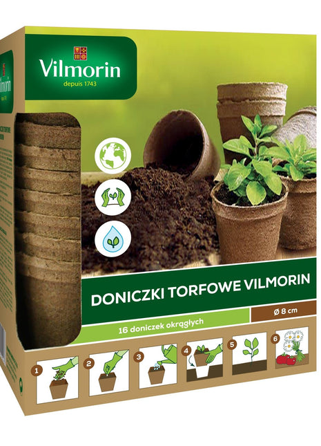 DONICZKI TORFOWE VILMORIN JIFFY - ŚREDNICA 8CM 16 SZTUK W OPAKOWANIU - Niezłe Ziółko