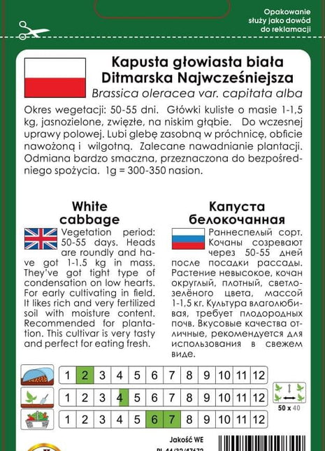 Nasiona - KAPUSTA GŁOWIASTA BIAŁA DITMARSKA NAJWCZEŚNIEJSZA 2g - Niezłe Ziółko