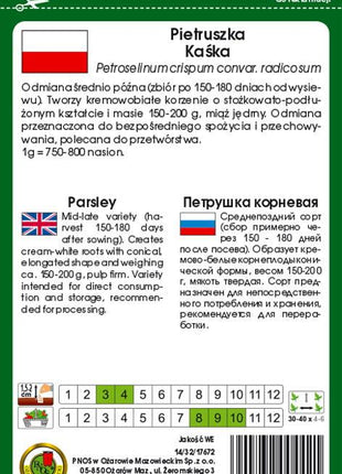 Nasiona - PIETRUSZKA KORZENIOWA KAŚKA 5g - około 4250 sztuk nasion w opakowaniu - Niezłe Ziółko