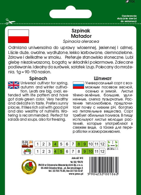 Nasiona - SZPINAK MATADOR - MATADOR 30 20g - koło 2000 sztuk nasion w opakowaniu - Niezłe Ziółko