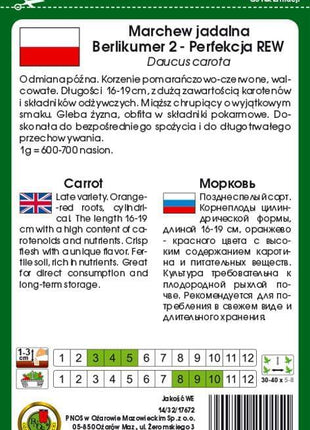 Nasiona - MARCHEW JADALNA BERLIKUMER 2 - PERFEKCJA REW 5g - około 3250 sztuk nasion w opakowaniu - Niezłe Ziółko
