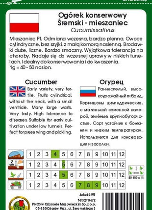 Nasiona - OGÓREK GRUNTOWY ŚREMSKI F1 5g - Niezłe Ziółko