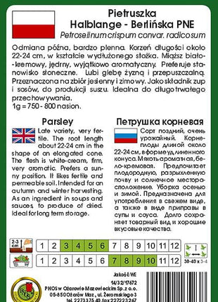 PIETRUSZKA KORZENIOWA HALBLANGE - BERLIŃSKA PNE 5g - około 3750 sztuk nasion w opakowaniu - Niezłe Ziółko