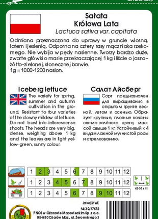 SAŁATA GŁOWIASTA KRUCHA KRÓLOWA LATA 1g - koło 1200 sztuk nasion w opakowaniu - Niezłe Ziółko